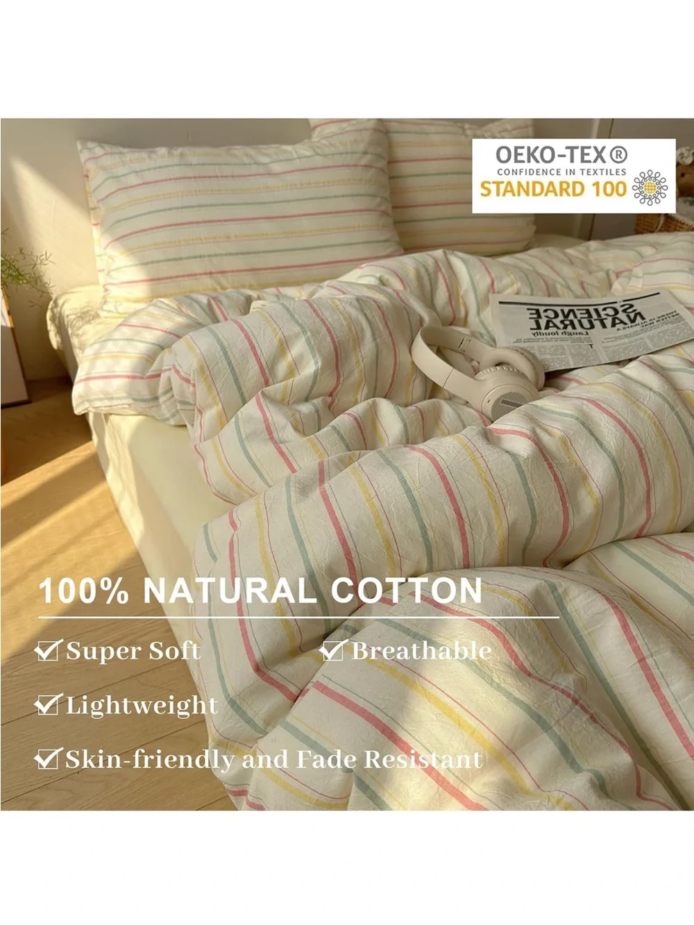 NEW Colorful 100% Cotton Striped Duvet Cover Pink Green Yellow, 3-Piece. Full